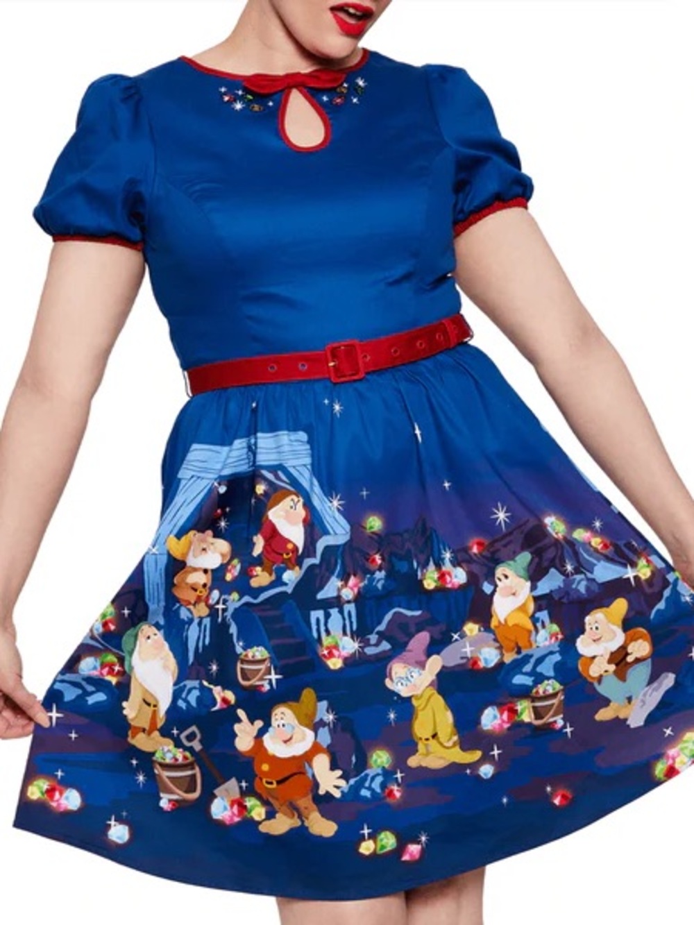 Stitch Shoppe by Loungefly Blue Snow White Dwarfs Print Dress with Red Trim